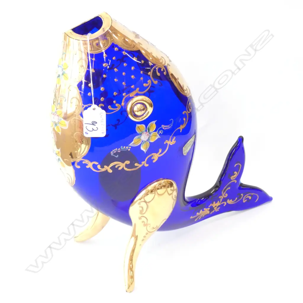 LG BLUE & GILT FORMENTE? GLASS FISH VASE,  SIGNED TO BASE C/464 93/0125,  H.305MM Image 1++