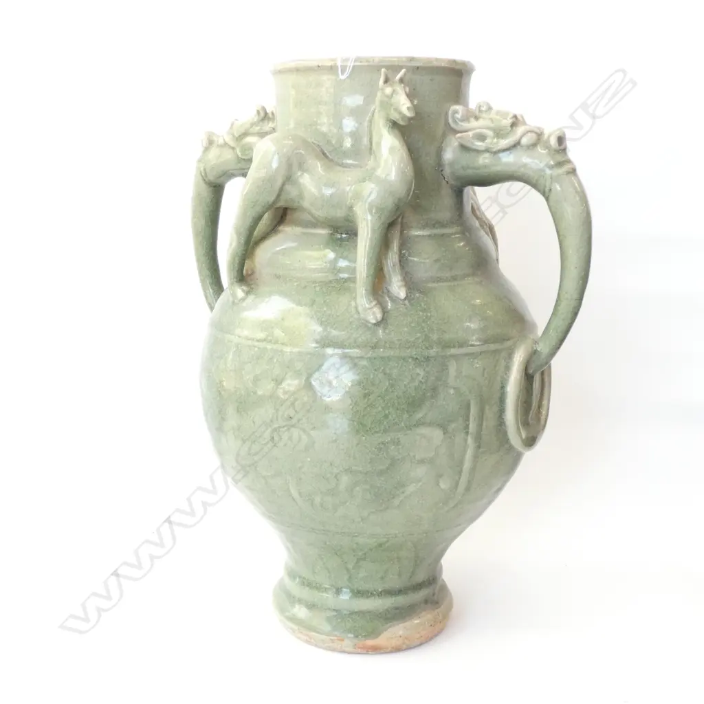 LGE CHINESE CELADON GLAZE VASE HORSES TO SHOULDER... Image 1++