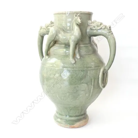 LGE CHINESE CELADON GLAZE VASE HORSES TO SHOULDER...