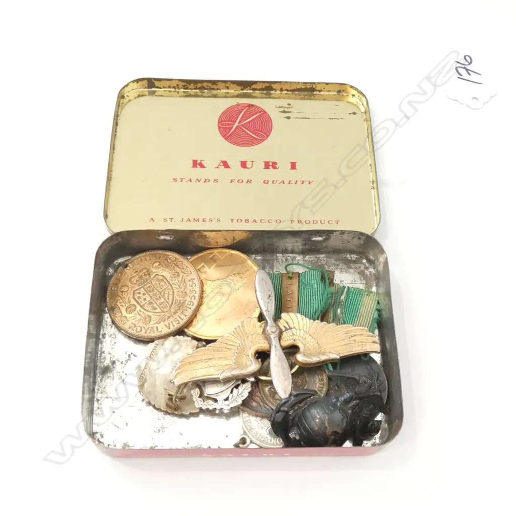 KAURI TIN WITH ASST MEDALS/BADGES ETC Image 1++