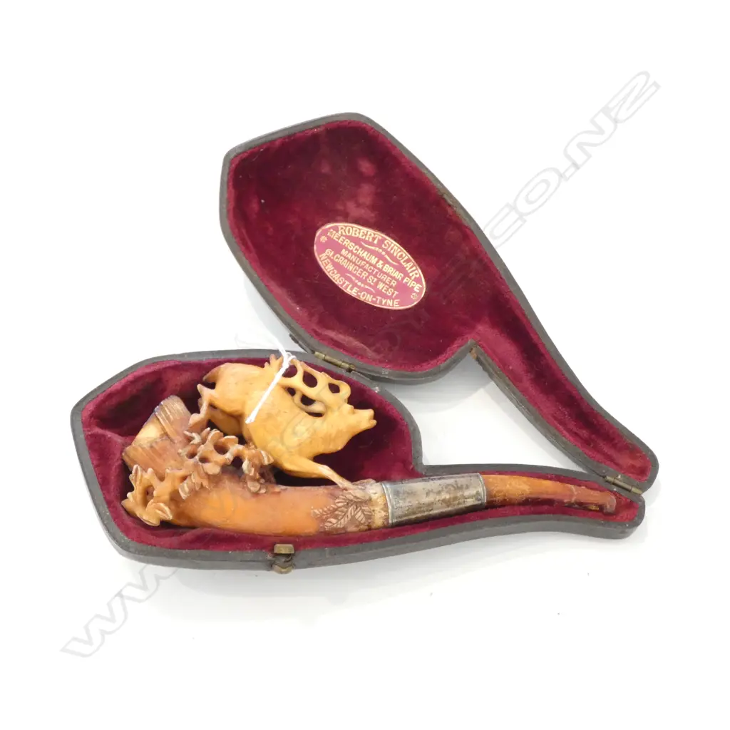 CARVED MEERSCHAUM PIPE IN CASE, LABELED FRO ROBBERT SINCLAIR, NEWCASTLE-ON-TYNE, MOTHPIECE REPAIRED  Image 1++