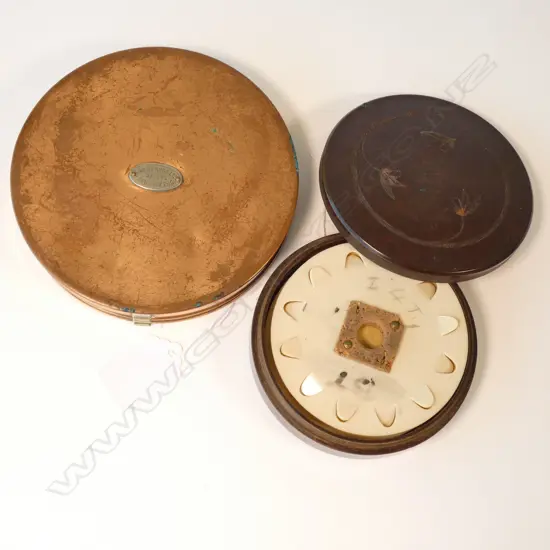 2 VINTAGE HARDY BROS. CIRCULAR METAL CAST WALLETS