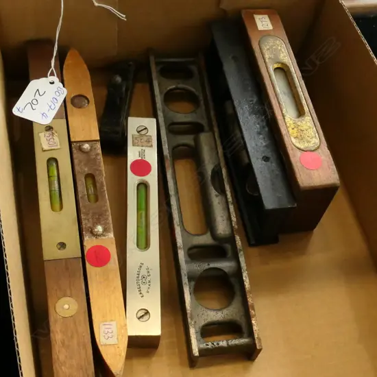 7 VINTAGE LEVELS WOOD METAL BRASS LONGEST 230mm