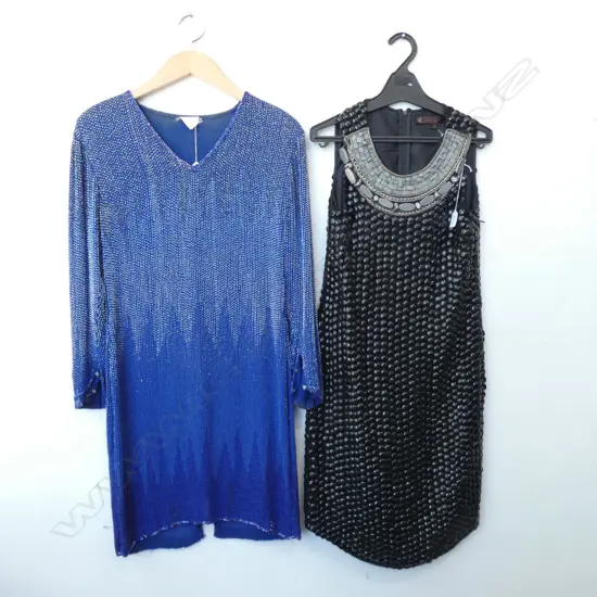 2 COCKTAIL DRESSES; TRELISE COOPER 60S STYLE BLACK  DRESS, SIZE 6 & BEADED BLUE DRESS