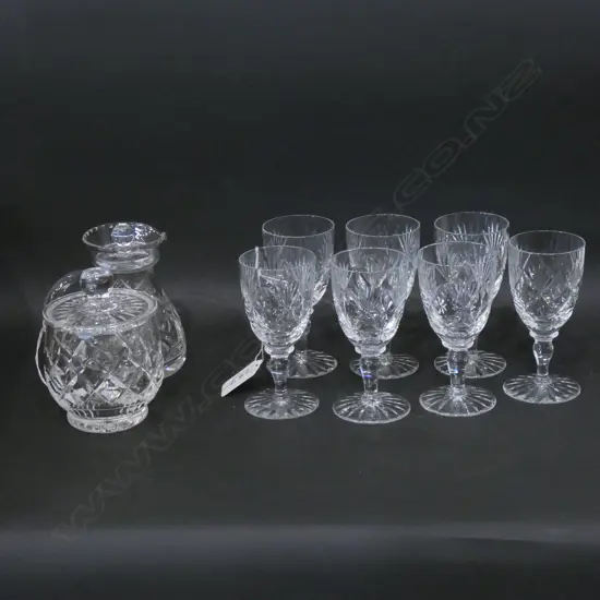 7 WEBB/CORBETT  CUT CRYSTAL SHERRY GLASSES+JUG +SUGAR