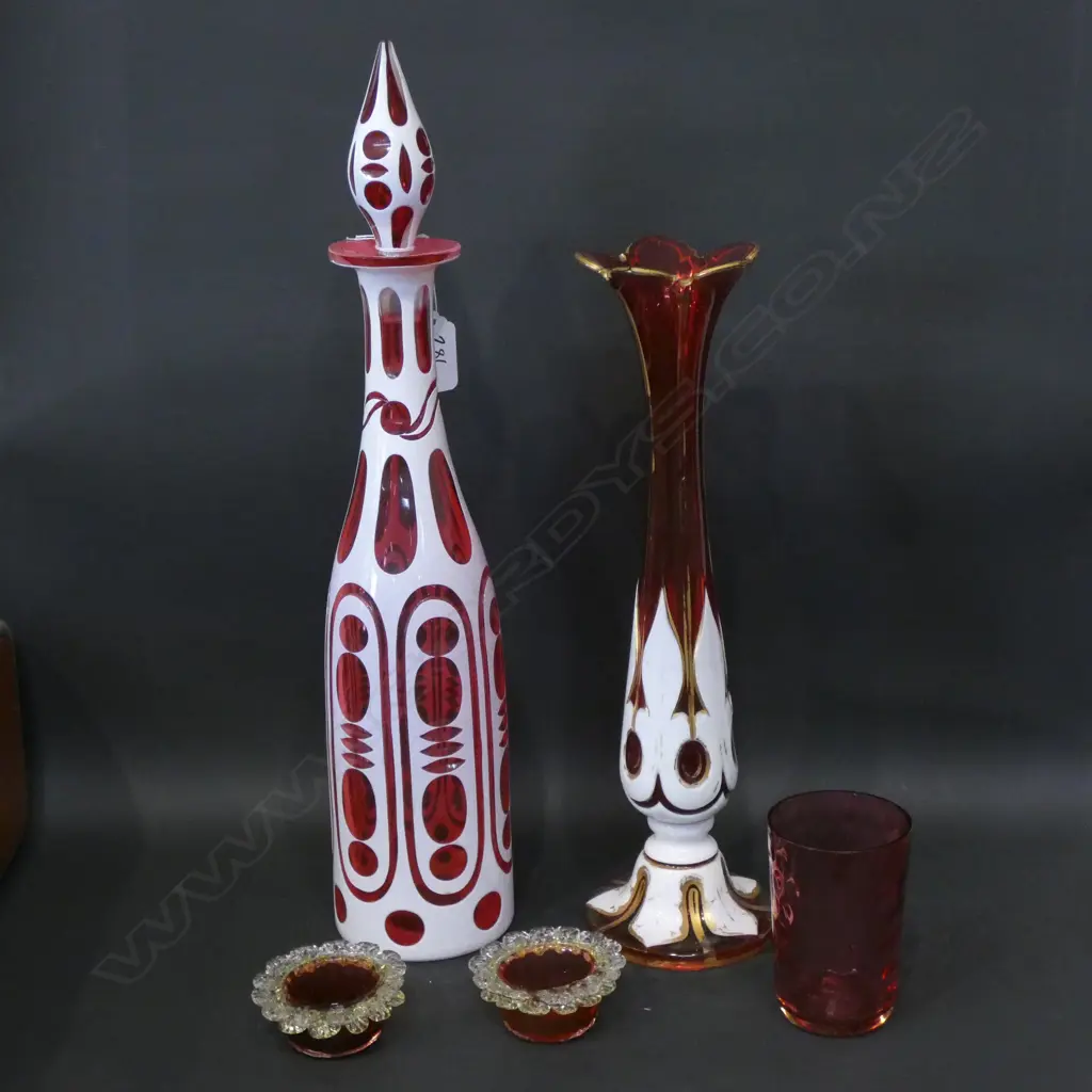 COLLECTION OF 5 PINK GLASS PCES; DECANTER, VASE, TUMBLER, PR SALTS Image 1++