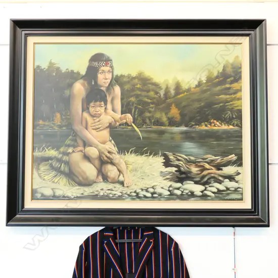 LARGE STEINER ACRYLIC ON BD, MAORI WOMAN & CHILD 770 X 1030mm