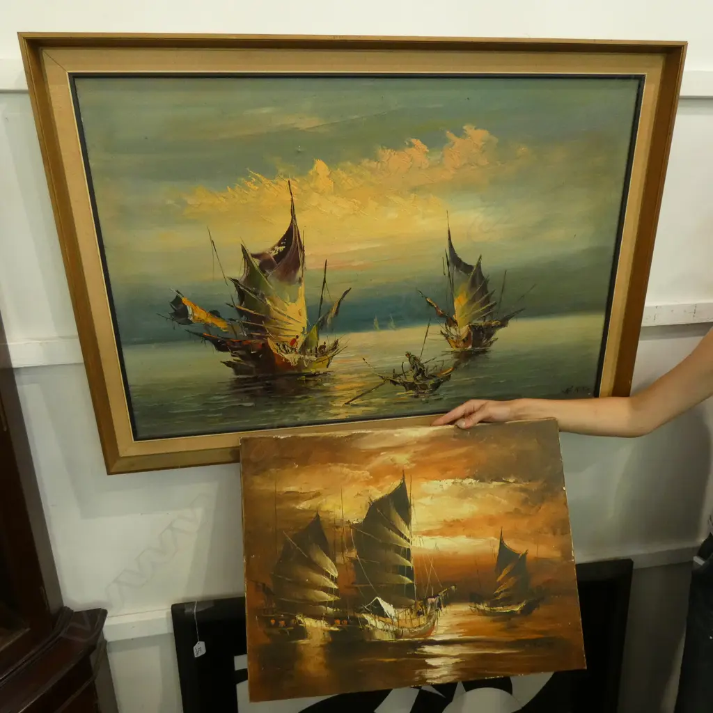 TWO SIGNED OILS OF CHINESE JUNKS ONE UNFRAMED LARGEST 1020 X 700MM Image 1++