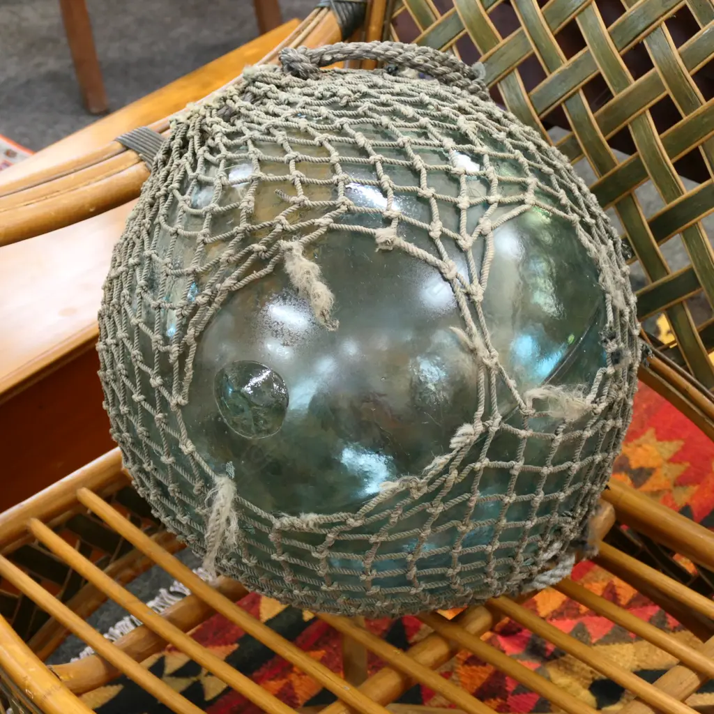 OLD LARGE GLASS FISHING FLOAT WITH NETTING Image 1++
