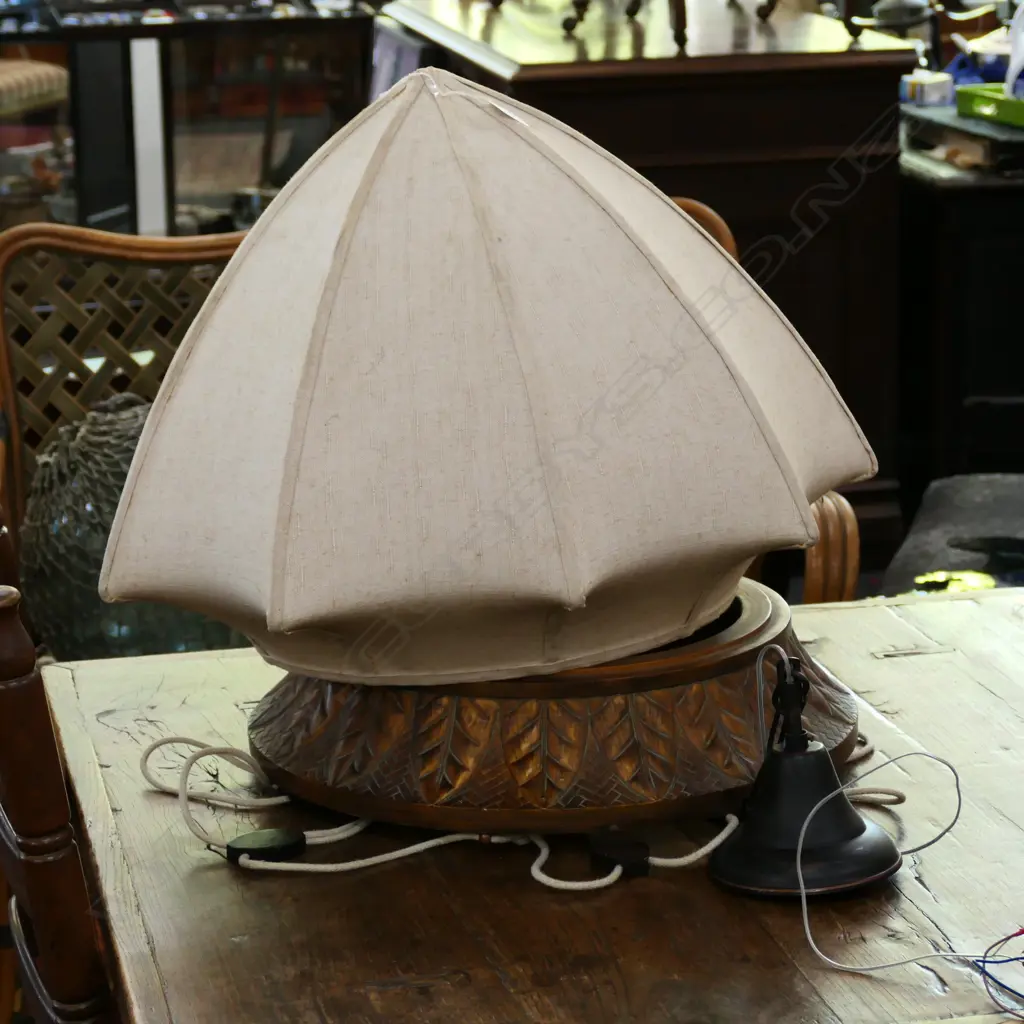 LGE CEILING LIGHT FITTING CARVED WOOD AND CLOTH Image 1++