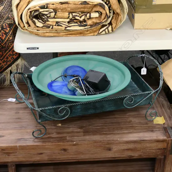 GREEN METAL TRAY AND ROUND GLASS LIGHT SHADE