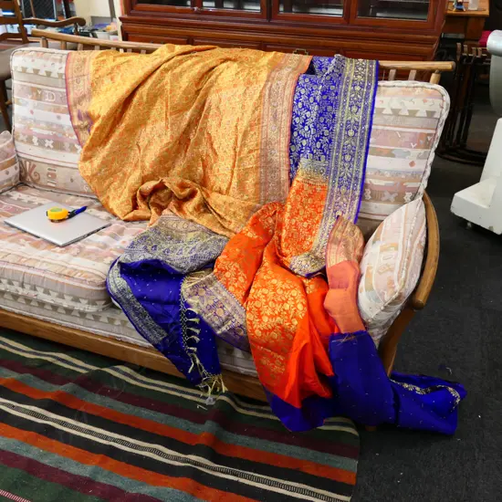 EMROIDERED SILK SARI, PURPLE & ORANGE, MINOR WEAR, L. 2200MM