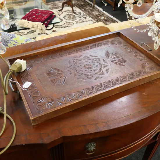 VICTORIAN POKERWORK TRAY 590MM L