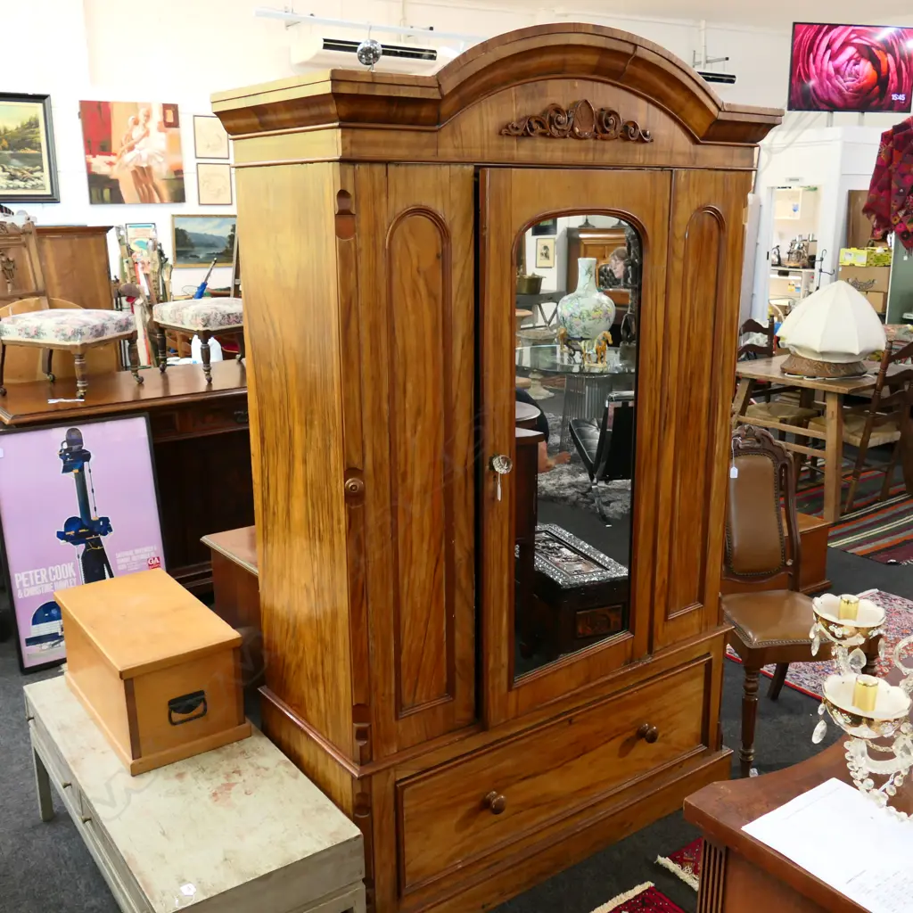 COLONIAL WALNUT WARDROBE WITH TIDY FABRIC LINING SOME AF TO PELMET 1370MM W 2150MM H Image 1++
