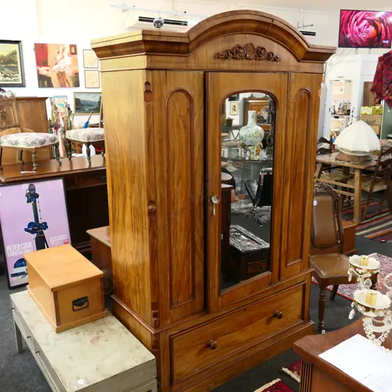 COLONIAL WALNUT WARDROBE WITH TIDY FABRIC LINING SOME AF TO PELMET 1370MM W 2150MM H