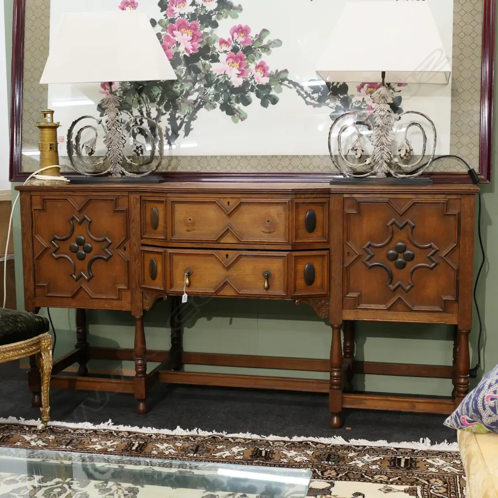 OAK SEMI GOTHIC BREAK FRONT ENGLISH SIDE BOARD L 1830 MM 2 MISSING HANDLES Image 1++