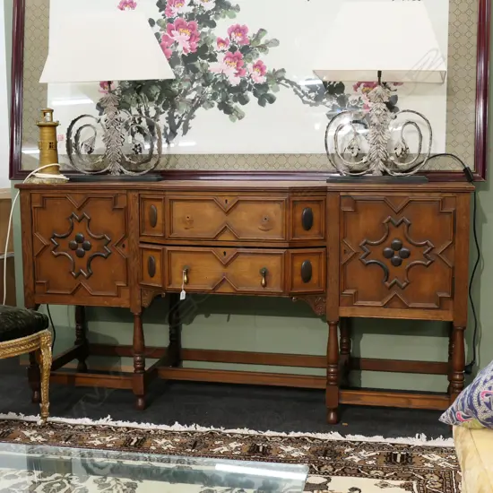 OAK SEMI GOTHIC BREAK FRONT ENGLISH SIDE BOARD L 1830 MM 2 MISSING HANDLES