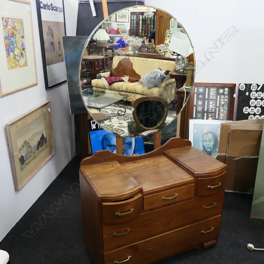 ART DECO OAK DRESSER WITH CIRCULAR MIRROR 1780MM H 980MM W Image 1++