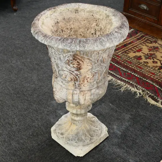 A PAIR OF CONTINENTAL ANTIQUE STYLE CLASSICAL CAMPANA GARDEN URNS