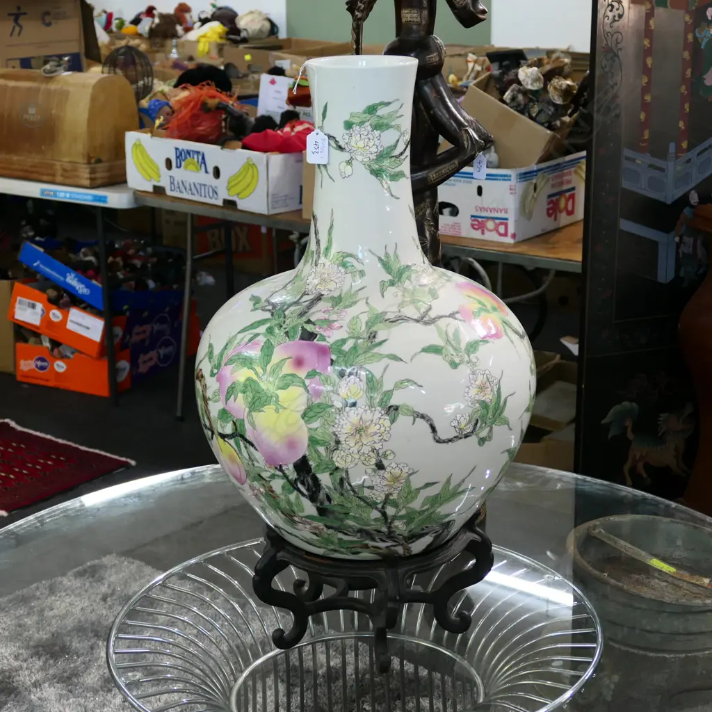 CHINESE BOTTLE VASE DECORATED WITH PEACHES, QING QIANLONG SEAL MARK, WITH OLD BLACKWOOD STAND. H.520mm Image 1++