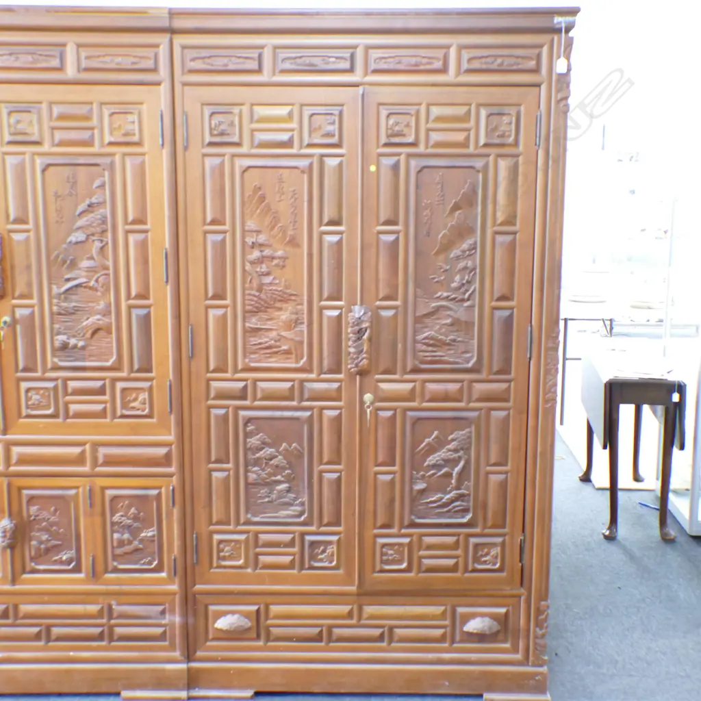 LARGE KOREAN HARDWOOD CARVED CUPBOARD 2000 X 1070 Image 1++