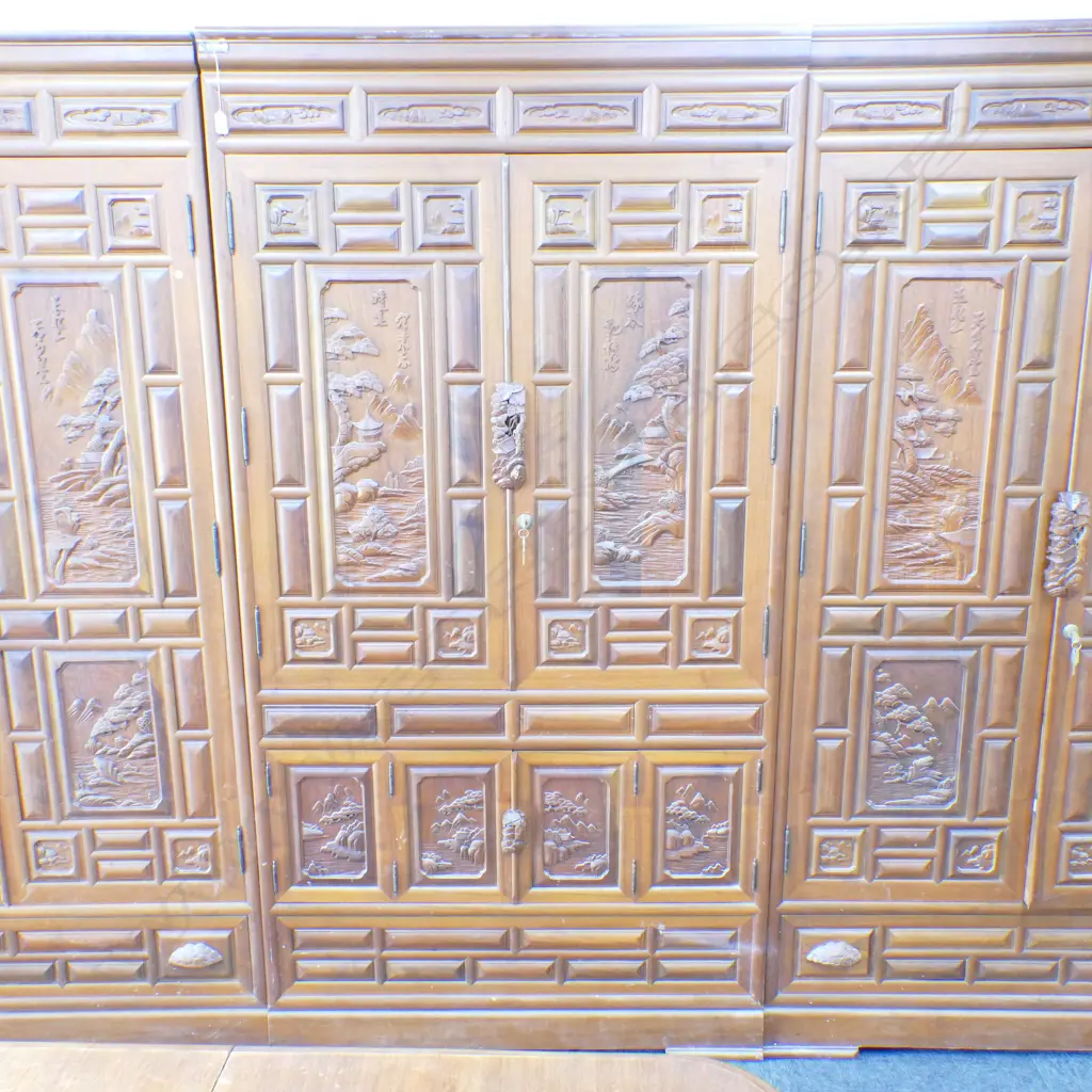 LARGE KOREAN HARDWOOD CARVED CUPBOARD 2000 X 1070 Image 1++