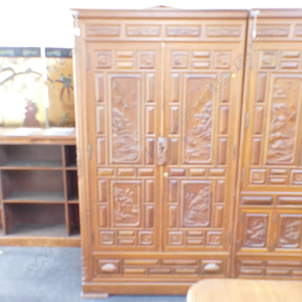 LARGE KOREAN HARDWOOD CARVED CUPBOARD 2000 X 1070 Image 1++