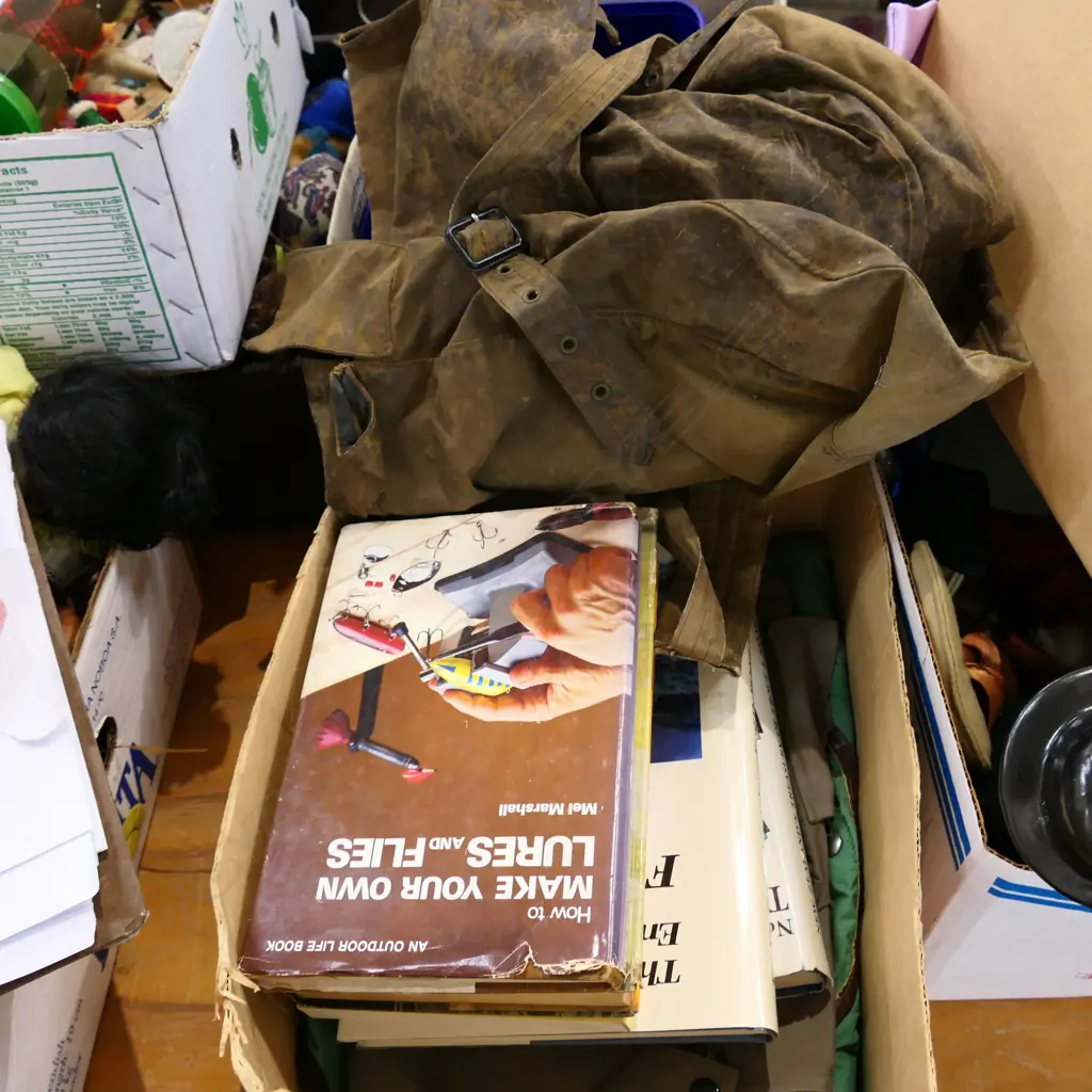 BOX LOT 5 BOOKS ON TROUT FISHING AND 4 BAGS; ONE OILSKIN Image 1++