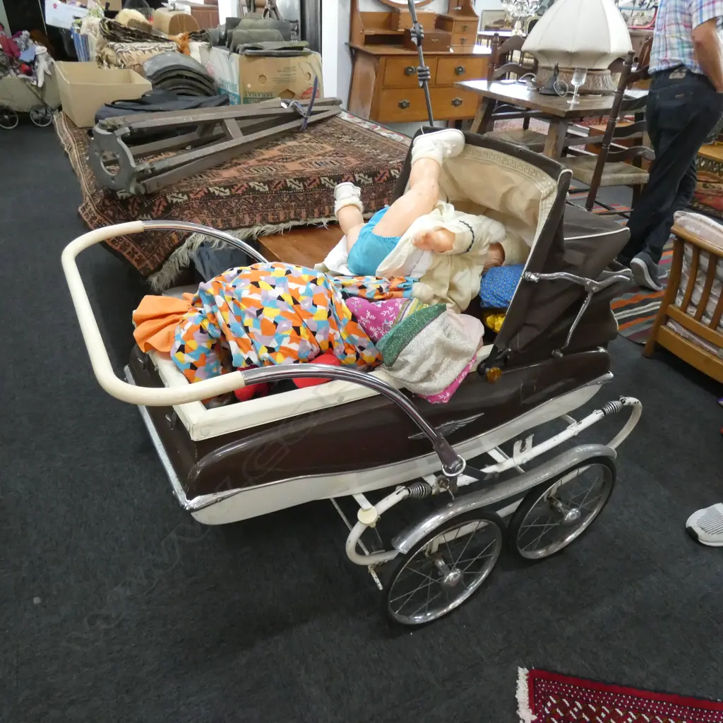 VINTAGE PRAM, DOLLS AND SMALL ROCKING HORSE Image 1++