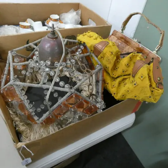 BOX LOT 2 HANDBAGS; FAUX LOUIS VUITTION AND CROCODILE, LIGHT SHADE, BBQ SET