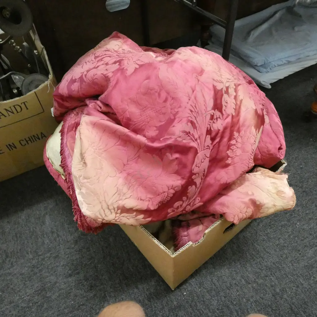 PAIR VINTAGE THEATRE ORNATE EMBOSSED RED CURTAINS (FADING & DAMAGE TO EDGES) Image 1++