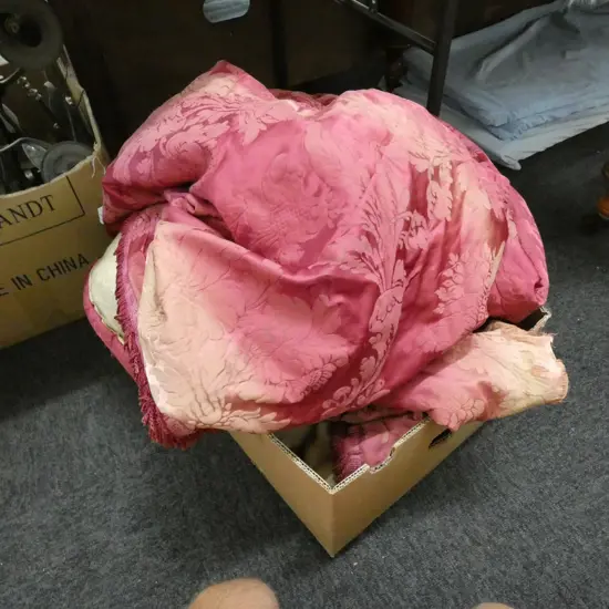 PAIR VINTAGE THEATRE ORNATE EMBOSSED RED CURTAINS (FADING & DAMAGE TO EDGES)