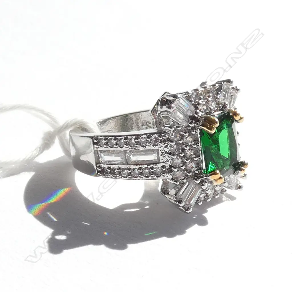 SILVER RING WITH FAUX EMERALD & DIAMONDS Image 1++