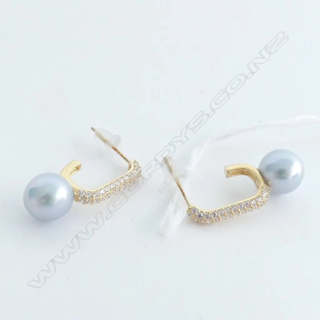 STERLING SILVER EARRINGS GOLD PLATED COLOURED FRESHWATER PEARLS WITH CZ IN DECORATIVE SETTING Image 1++