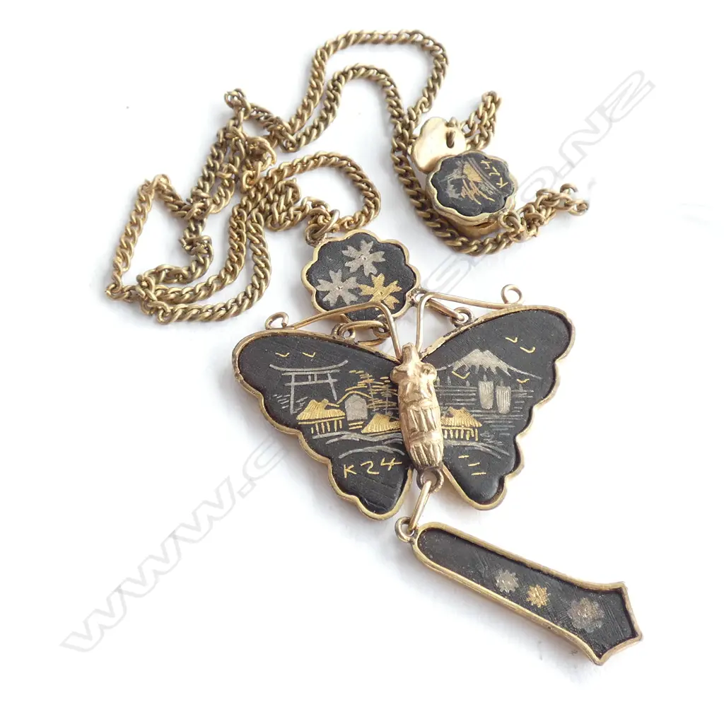 (19659) VINTAGE JAPANESE DAMASCENE BUTTERFLY NECKLACE Image 1++