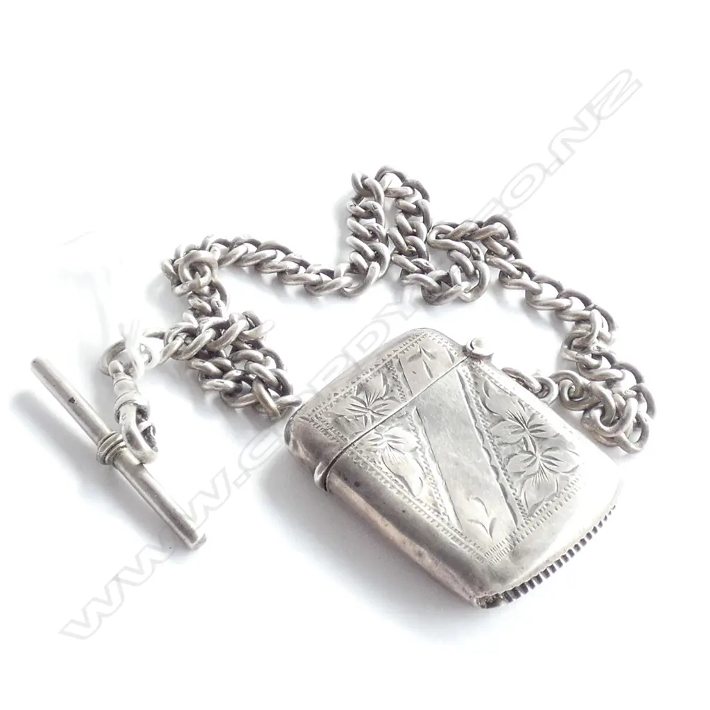 (19635) SILVER FOB CHAIN & VESTA CASE CURB LINK Image 1++