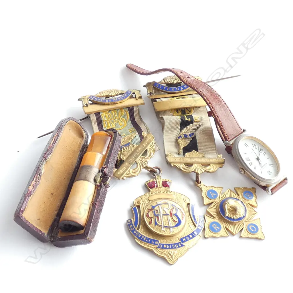 2 ENAMELLED MEDALS, CHEROOT PIPE, FAUX CARTIER QUARTZ WATCH Image 1++