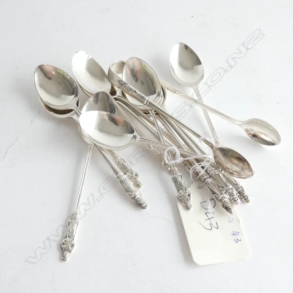 12 SILVER APOSTLE FINIAL COFFEE SPOONS & SUGAR TONGS, by WALKER & HALL, SHEFF 1920 & B'HAM 1902. 136gm Image 1++