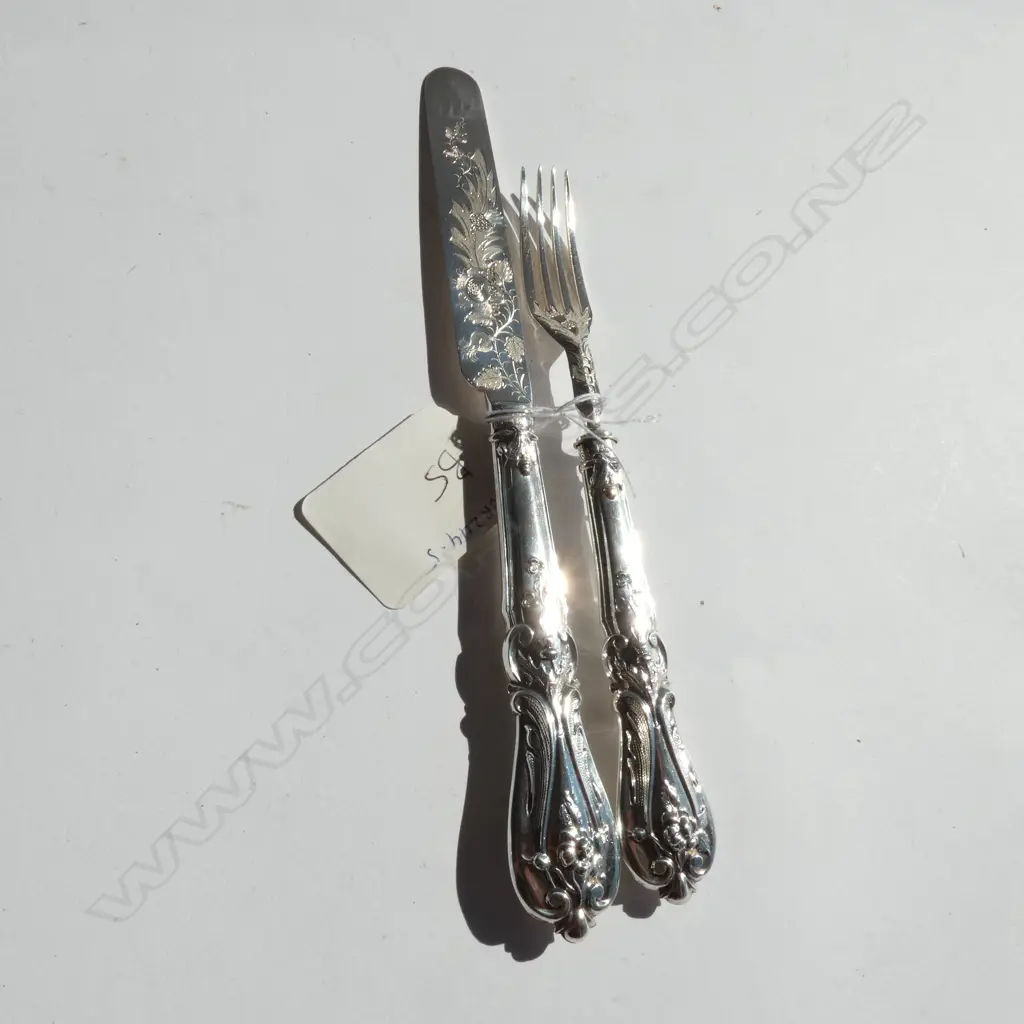 ORNATE VICT. SILVER FRUIT KNIFE & FORK, by HENRY ATKIN, SHEFF. 1850. TOTAL 82gm Image 1++