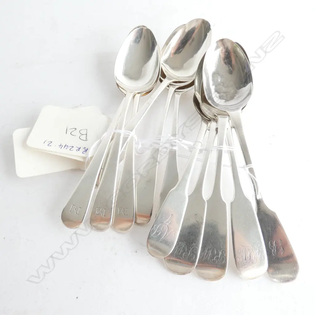11 SILVER TEASPOONS, VARIOUS PATTERNS, DATES, MAKERS. SOME BENT BOWLS. 160gm Image 1++