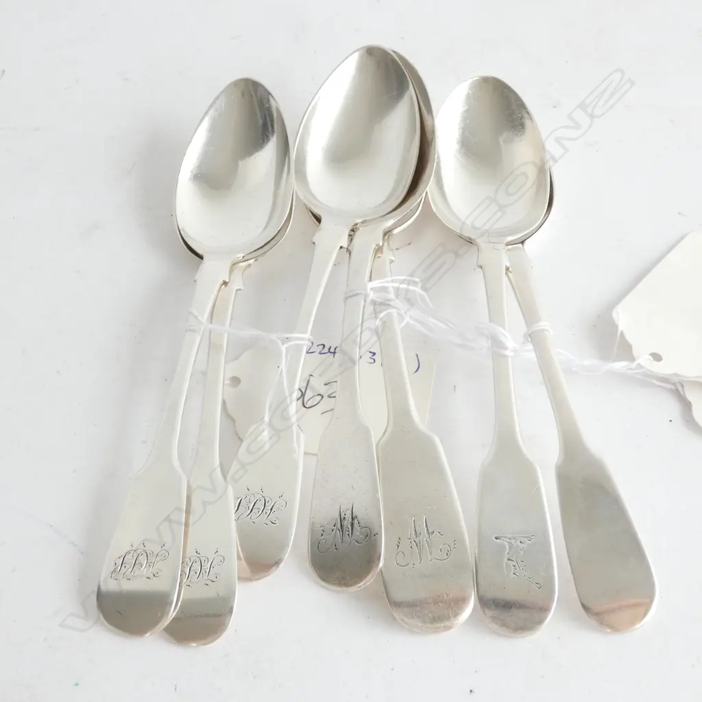 7 SILVER FIDDLE PATTERN TEASPOONS, VARIOUS 1786, 1823, 28, 36, 38. 154gm Image 1++