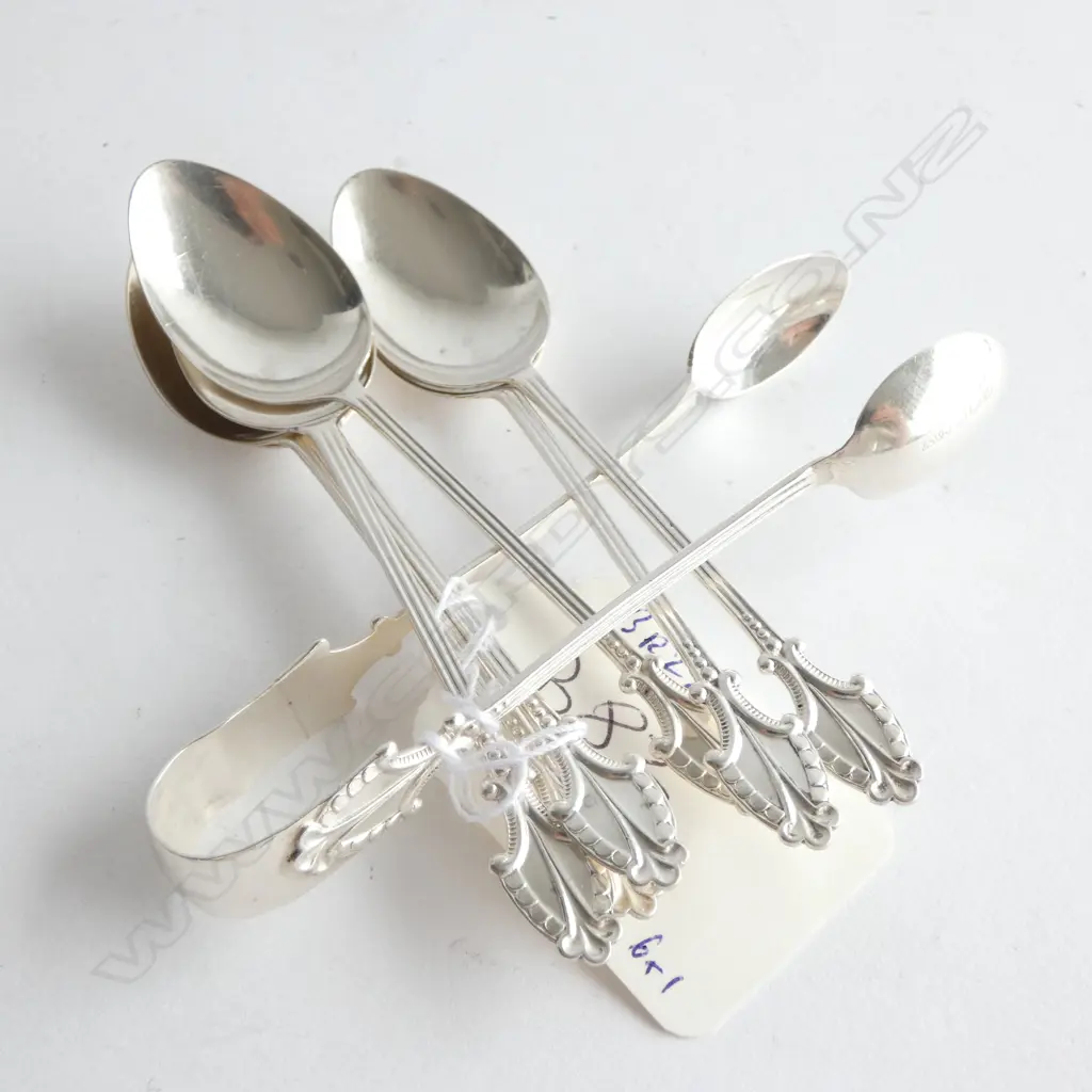 6 DELICATE SILVER COFFEE SPOONS & TONGS, by A J BAILEY B'HAM 1919. 45gm Image 1++