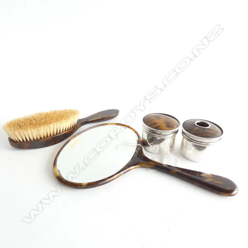 FAUX TORTOISESHELL BRUSH & MIRROR + 2 SILVER PLATE DRESSING TABLE POTS Image 1++