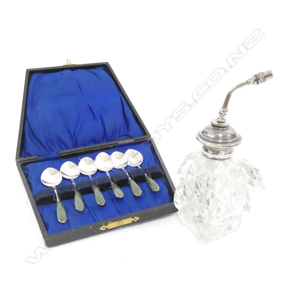 SET OF 6 STERLING & GREEN STONE TEASPOONS CASED + STG CRYSTAL PERFUME BOTTLE Image 1++