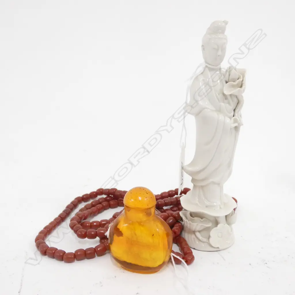 SM CHINESE BLANC DE FIGURE KWAN YIN, AMBER SNUFF BOTTLE & LONG NECKLACE Image 1++