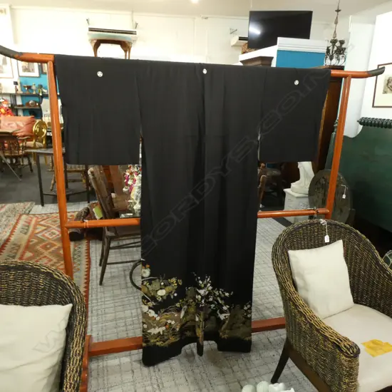 BLACK SILK KOMON KIMONO - GREEN / GOLD / ORANGE / CREAM CRANE & CHYSTH. PRINT. CREAM SATIN LINING