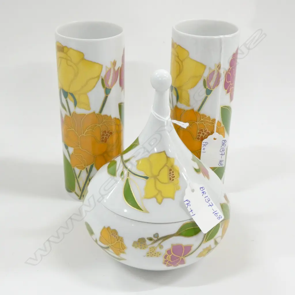 PR SM ROSENTHAL STUDIO ENAMEL FLORAL PATTERN VASES H. 160MM & LIDDED CONTAINER DIA 125MM Image 1++