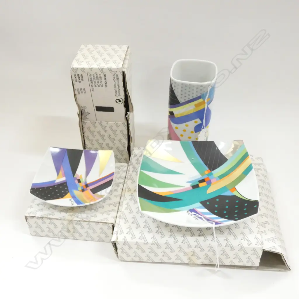 2 ROSENTHAL GRAFICANO BRIGITTE DOEGE DISHES DIA.180 & 140MM & VASE (H. 200MM) ALL IN ORIGINAL BOXES Image 1++
