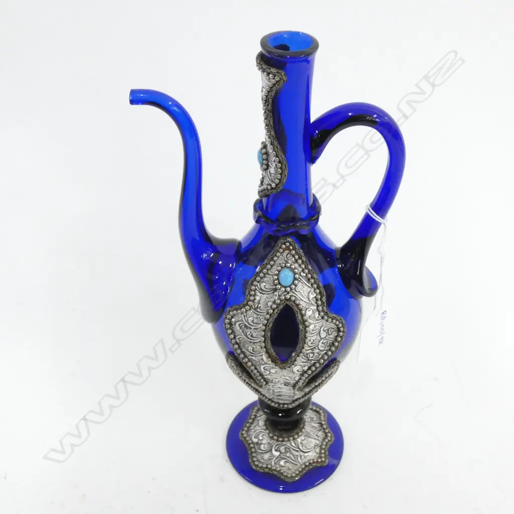 TURKISH BLUE GLASS & SILVER JUG H.270mm Image 1++