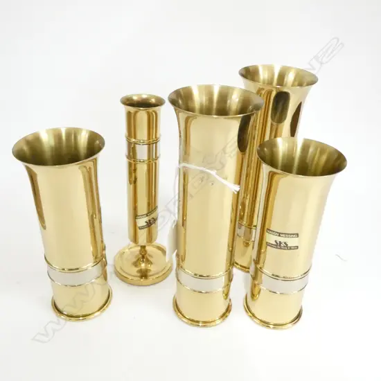 5 SKS BRASS VASES - INDIVIDUALLY BOXED 2 X H. 200MM & 2 X 160MM & 1 BUD VASE